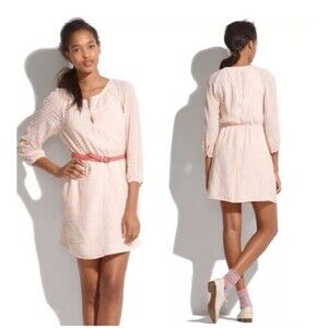 Madewell Clip Dot Preppy Boho Peasant Dress Blush Pink Beige  Silk Blend Sz 10